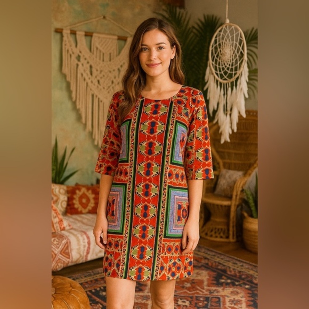 COLLECTIVE CONCEPTS Boho Tribal Design Coral Multicolored Pattern Mini Dress S